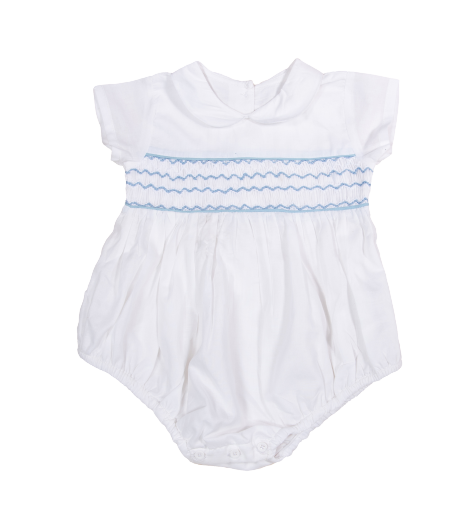 Bodebene Baby Alex White Hand Smocked Romper With Blue Details and Peter Pan Collar