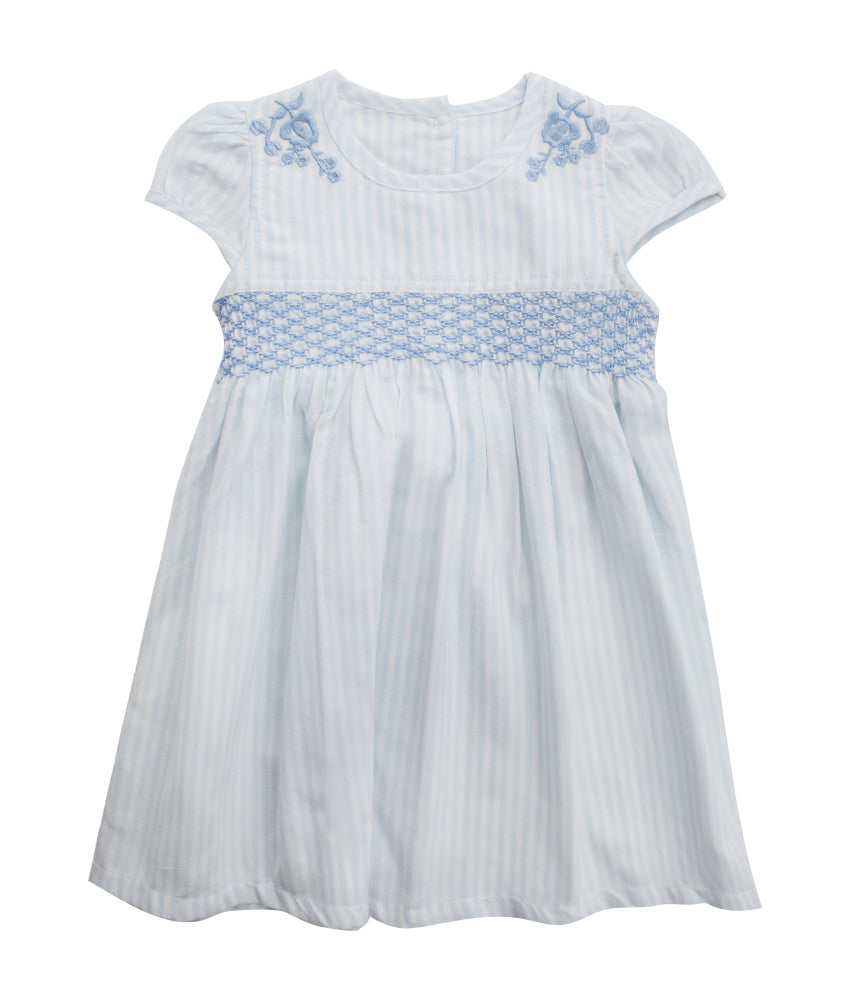 Bodebene Baby Gael Blue and White Cotton Hand Smocked Dress with Embroidery Details